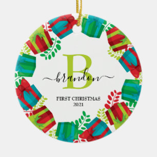 Monogramm Baby Name Erstes Weihnachten Xmas Kranz Keramik Ornament