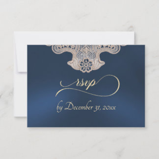 Monogramm, Band & Spitze - Dunkelblau RSVP Karte