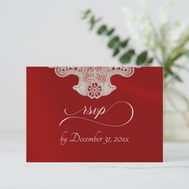 Monogramm, Band & Spitze - Rot RSVP Karte (Stehend Vorderseite)