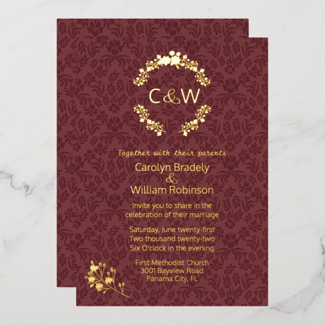 Monogramm bei Hochzeit des Blumenkreides Folieneinladung (Vorderseite/Rückseite)