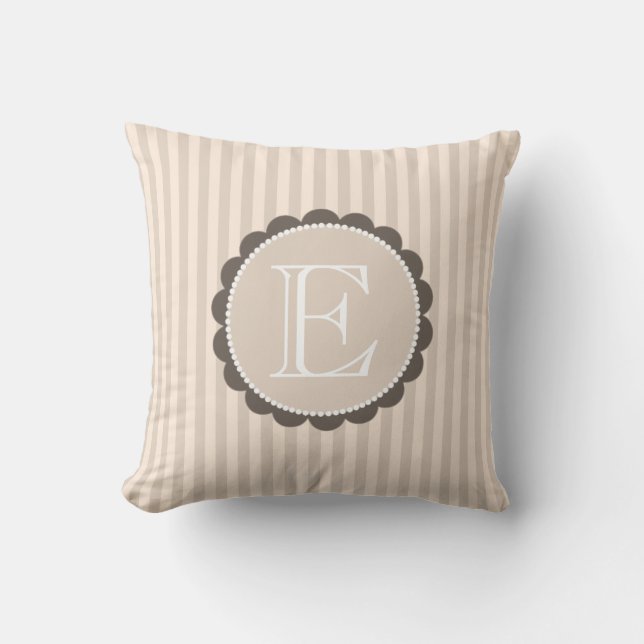 Monogramm Beige Braune Streifen Kissen (Vorderseite)
