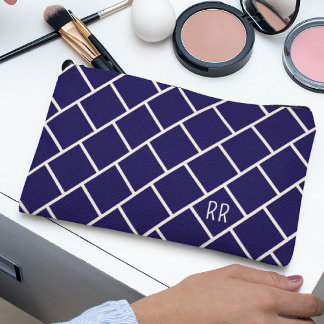 Monogramm Beige & Navy Blau Stylisches Trellis-Mus Zubehörtasche