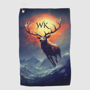 Monogramm-Bergbock auf der Flucht vor loderndem Fe Golfhandtuch