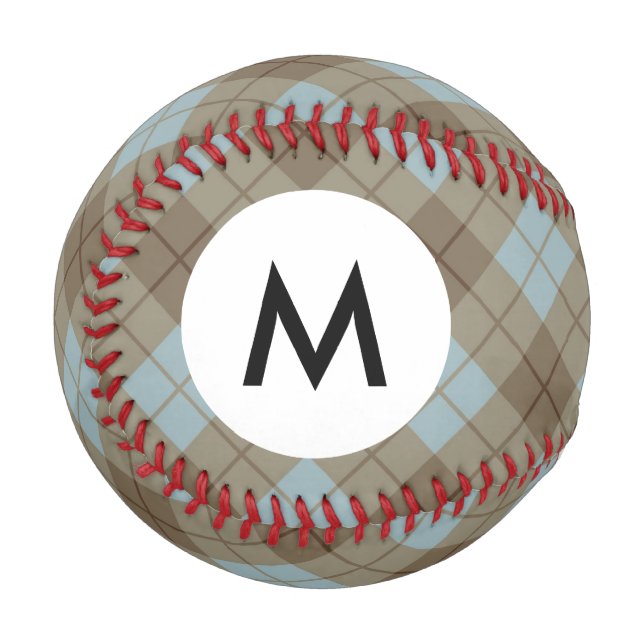 Monogramm Bias Kariert in Blau und Braun Baseball (Vorderseite Links)