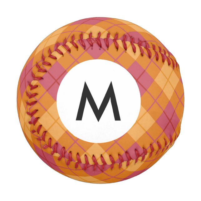Monogramm Bias Kariert in Orange und Rosa Baseball (Vorderseite Links)