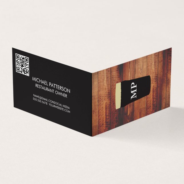 Monogramm | Bierglas | Hintergrund Holz | QR-Code Visitenkarten (Vorderseite)