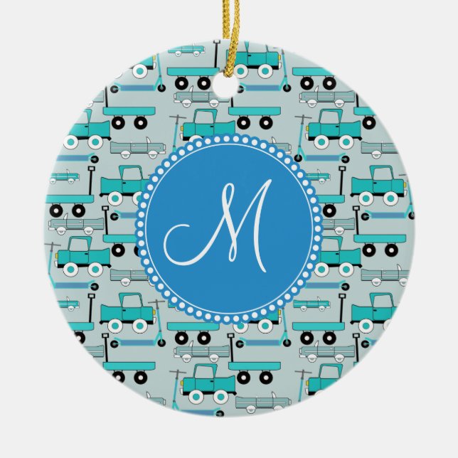 Monogramm-Blau dreht Roller-Auto-Lastwagen-LKWs Keramikornament (Vorne)