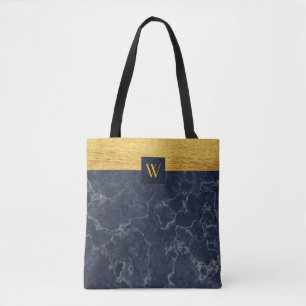 Monogramm Blau Faux-Marmor & Gold-Textur-Muster Tasche