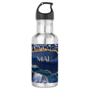 Monogramm Blau Gold Glitter Achat Marmor Trend Edelstahlflasche