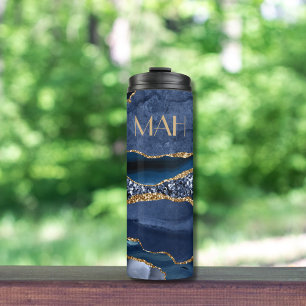 Monogramm Blau Gold Glitter Achat Marmor Trend  Thermosbecher