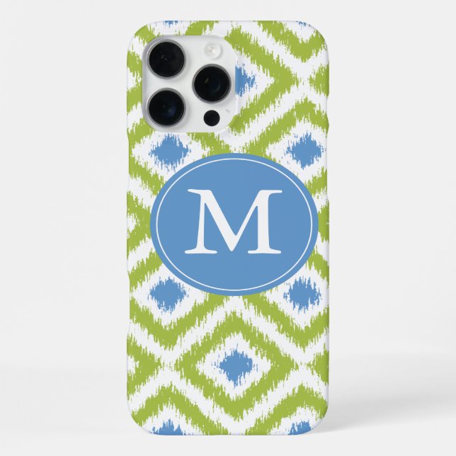 Monogramm Blau Grün Diamond Ikat Muster iPhone Hülle (Rückseite)