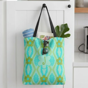 Monogramm Blau Grün Gold Diamanten & Blumen Tasche