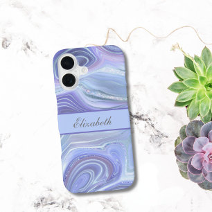 Monogramm Blau Lila Silber Glitter Achat Murmel   iPhone 16 Hülle