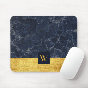 Monogramm Blau Marmor Faux Gold Textur Druck Mousepad