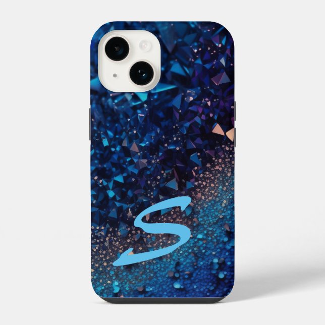 Monogramm Blau Navy Glitter iPhone 14 Hülle (Rückseite)