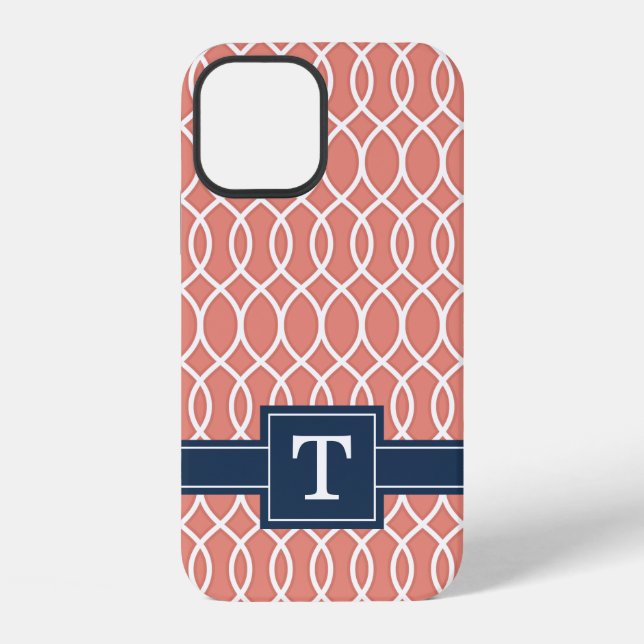 Monogramm Blau Rosa Gittermuster iPhone 12 Hülle (Rückseite)