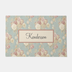 Monogramm Blau Rosa Weiß Floral Cottage Core Fußmatte