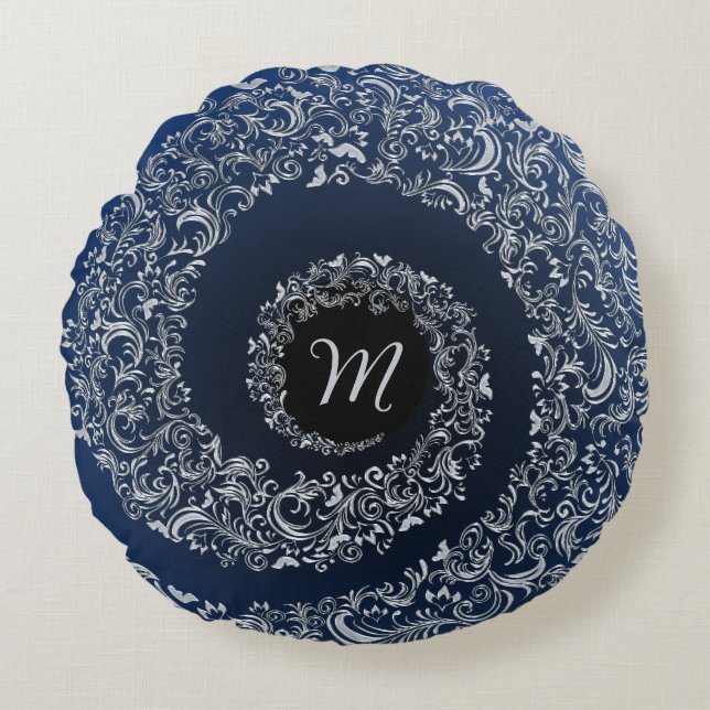 Monogramm Blau und Grau Rundes Kissen (Vorderseite)