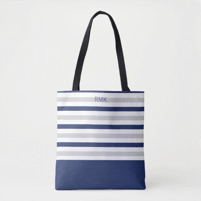 Monogramm Blau und Grau Streifen Tasche (Vorderseite)