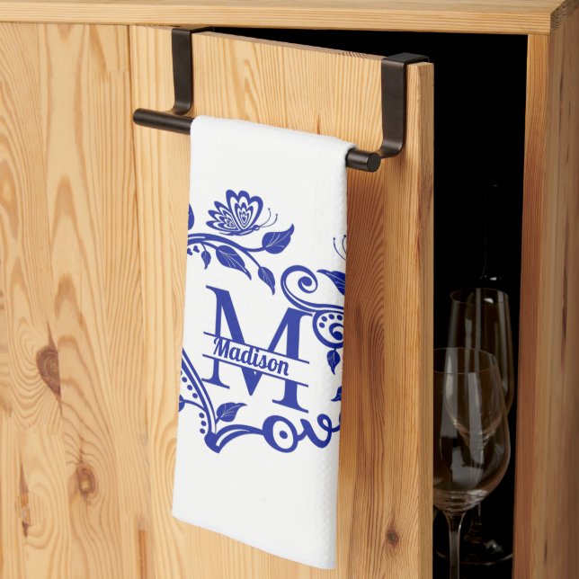 Monogramm Blau und Weiß Geschirrtuch (Drittel gefaltet)
