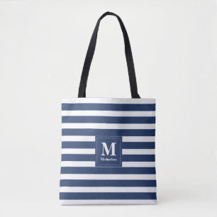Monogramm Blau und Weiß Streifen Tasche
