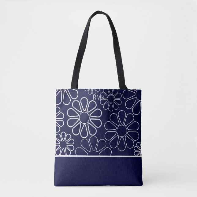 Monogramm Blau und Weiße Blüten Tasche (Vorderseite)