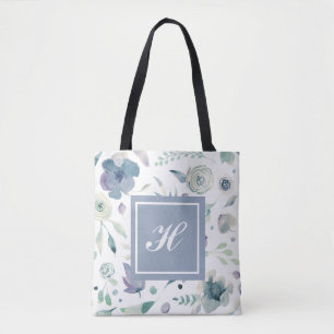 Monogramm Blau-Violett Wasserfarbe Blumenmuster Tasche