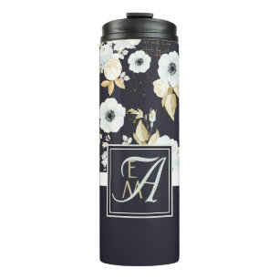 Monogramm Blau-Weiß-Blumen-Dekor Anemone Thermosbecher