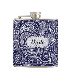 Monogramm Blau & Weiß Floral Paisley Flachmann