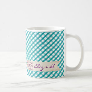 Monogramm Blau-Weiß-Karo-Muster-Tasse Kaffeetasse