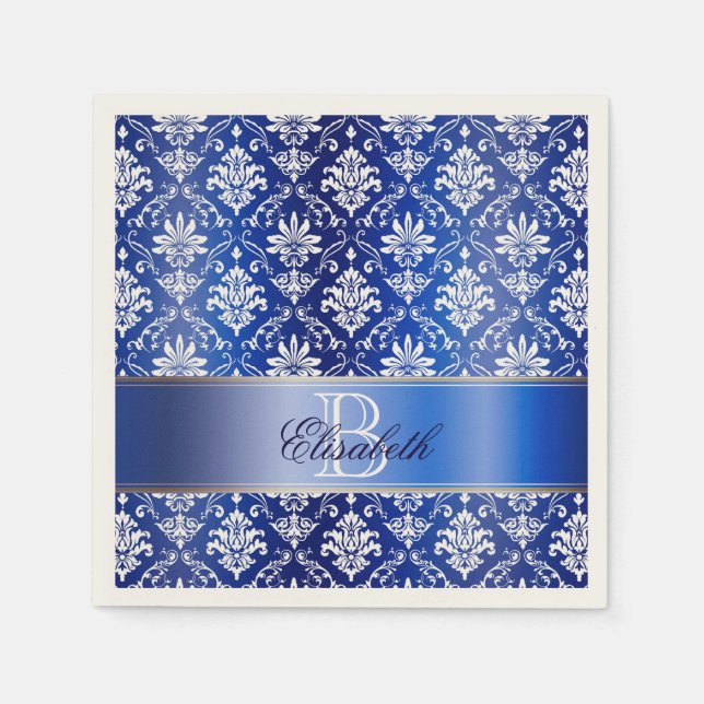 Monogramm Blau-Weiße Damaske Serviette (Vorderseite)