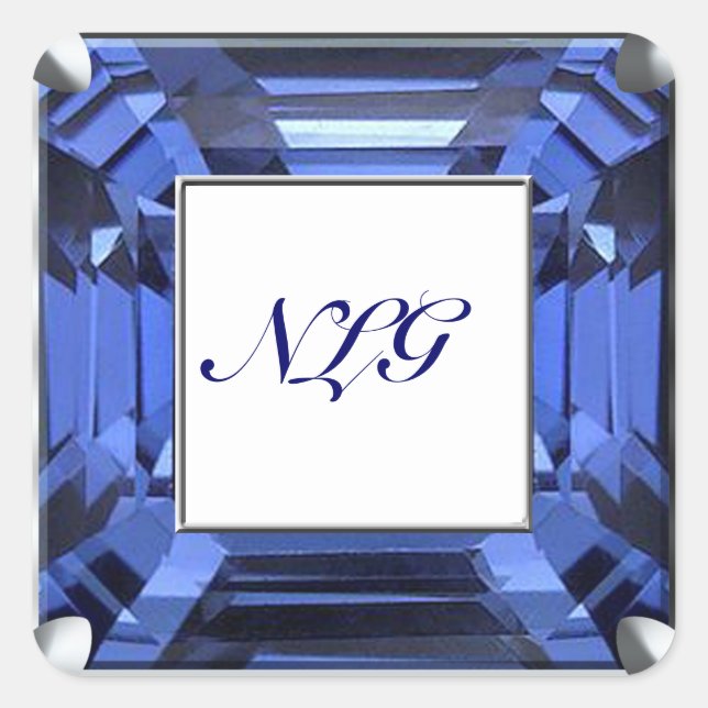 Monogramm Blaue Gemme Quadratischer Aufkleber (Vorderseite)