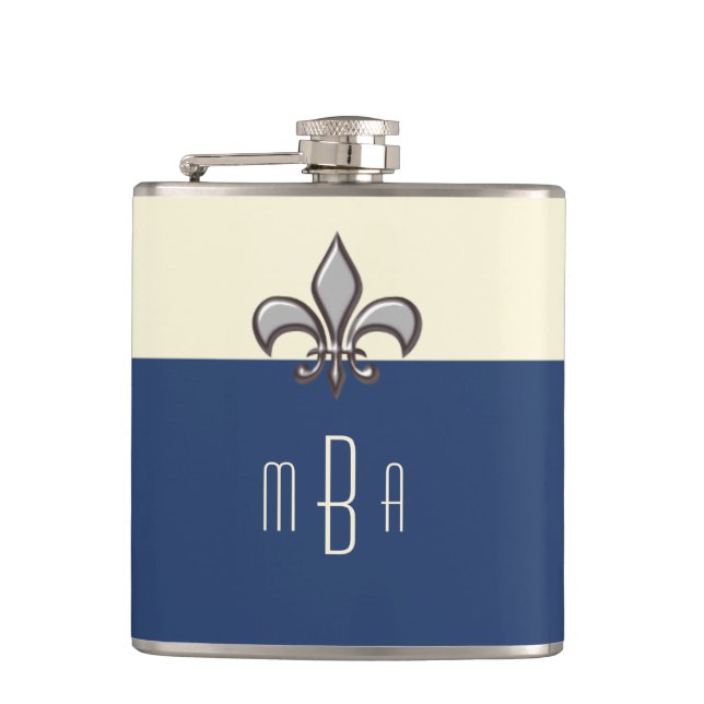 Monogramm-blaue Imitat-MetallLilie Flachmann (Vorderseite)