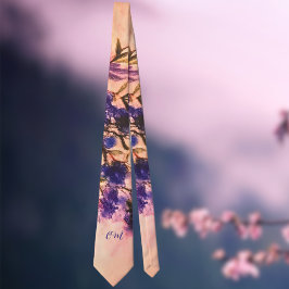 Monogramm blaue Pfirsichblüte lila florale Aquarel Krawatte