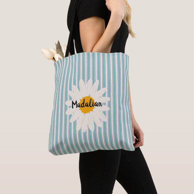 Monogramm blaue Streifen mit niedlichem floralen T Tasche (Von Nahem)