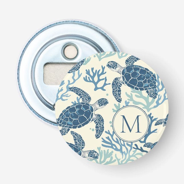 Monogramm Blaue und Cremeschildkröten Flaschenöffner (Vorderseite)