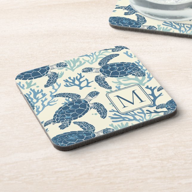 Monogramm Blaue und Cremeschildkröten Getränkeuntersetzer (Linke Seite)