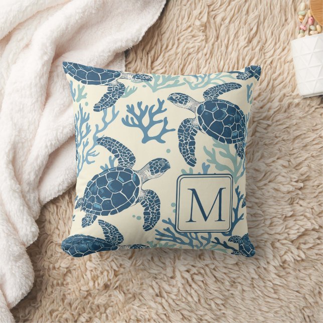 Monogramm Blaue und Cremeschildkröten Kissen (Decke)