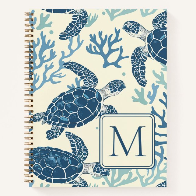 Monogramm Blaue und Cremeschildkröten Notizbuch (Vorderseite)