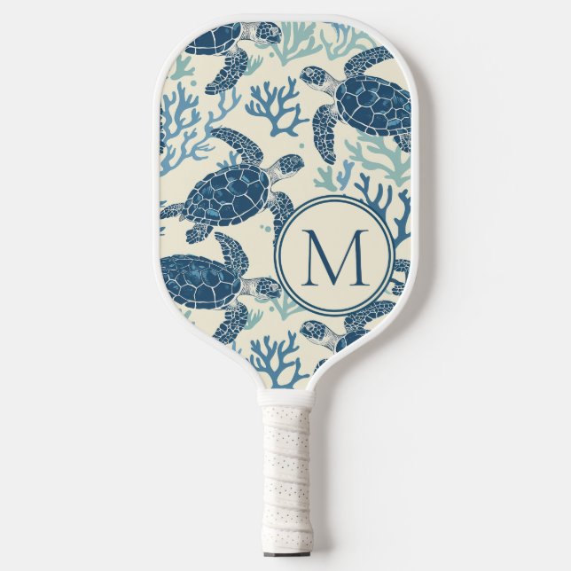 Monogramm Blaue und Cremeschildkröten Pickleball Schläger (Vorderseite)