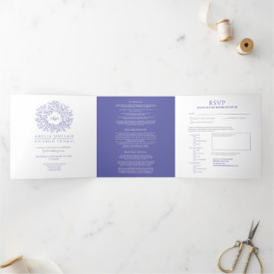 Monogramm blaue und weiße Hochzeit Dreifach Gefaltete Einladung