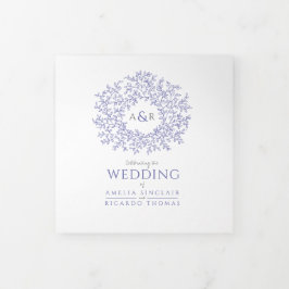 Monogramm blaue und weiße Hochzeit Dreifach Gefaltete Einladung