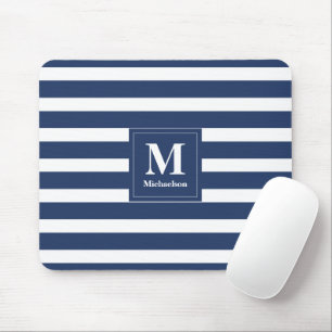 Monogramm Blaue und weiße Streifen Mousepad