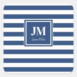 Monogramm blaue und weiße Streifen Quadratischer Aufkleber
