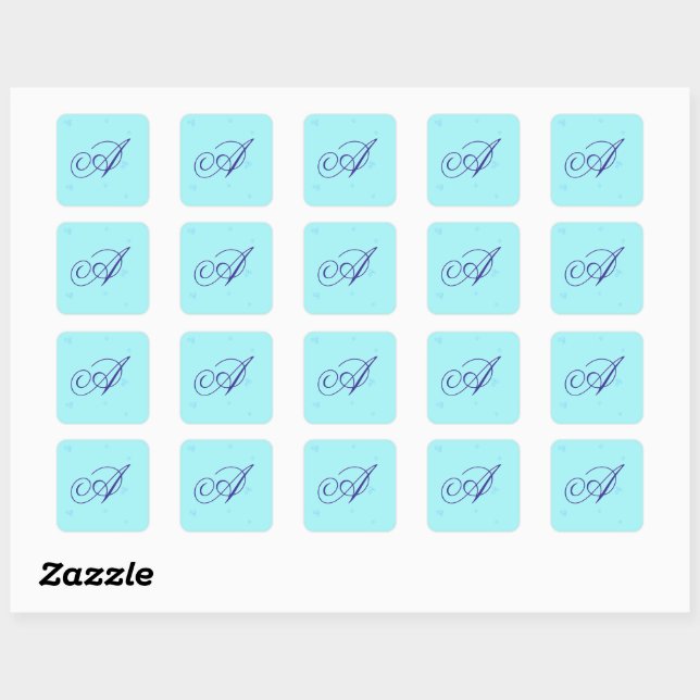Monogramm blaue winzige Blumen Quadratischer Aufkleber (Blatt)