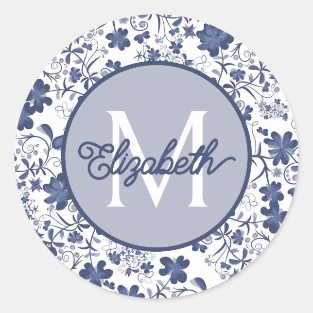 Monogramm Blauer Grau und Weiße Blütenblume Runder Aufkleber (Vorderseite)