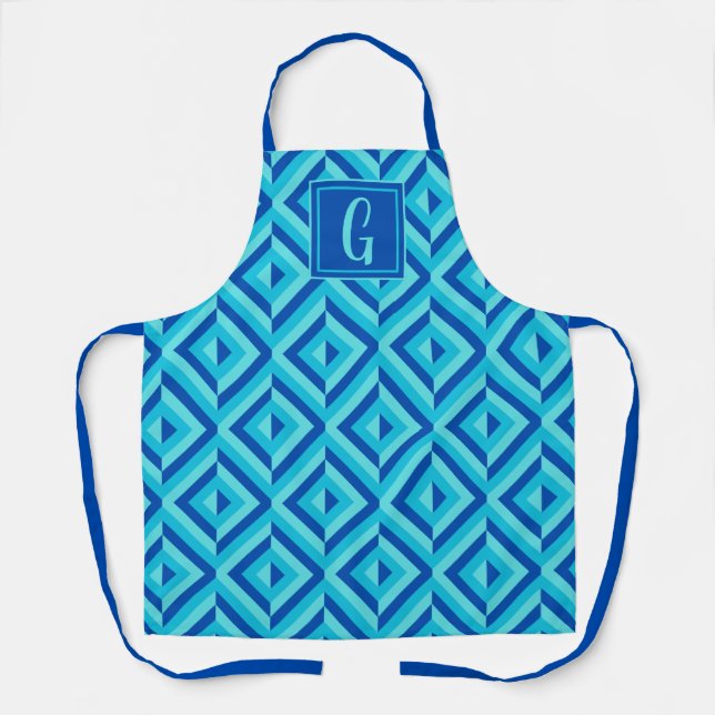 Monogramm blaues Dreikantmuster Schürze (Vorderseite)