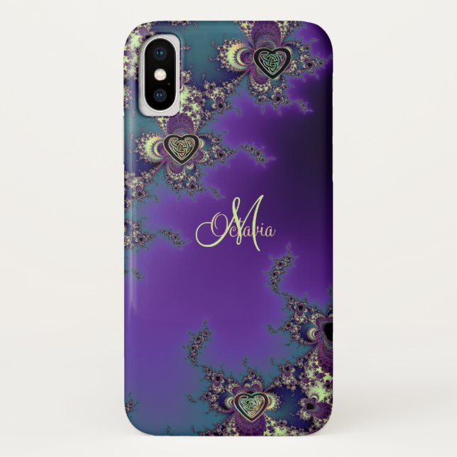 Monogramm-blaues lila Fraktal-keltischer Case-Mate iPhone Hülle (Rückseite)