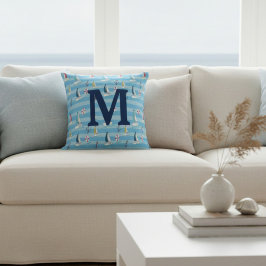 Monogramm Blaues Meeressegelboot und Anker Kissen