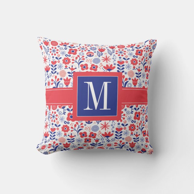Monogramm | blaues u. korallenrotes Blumenmuster Kissen (Vorderseite)
